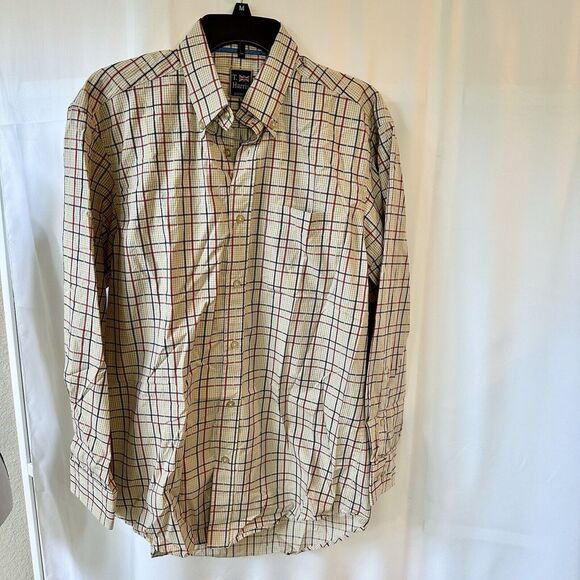 T. Harris London Button Down Shirt Men Medium Plaid Long Sleeve Tan Red Cotton - Picture 1 of 8